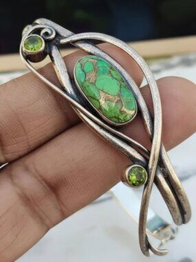 Green Copper Turquoise & Peridot Silver Bangle, Adjustable Boho Cuff Bracelet